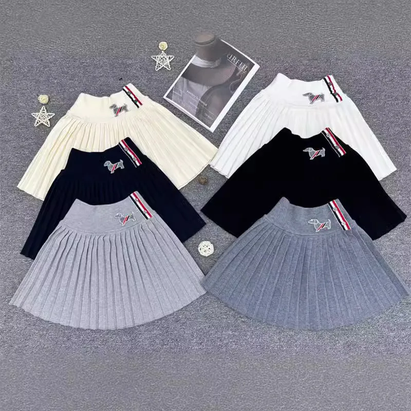 Small dog embroidery all season fashion versatile A-line pleated short skirt knitted three color ribbon large swing half skirt