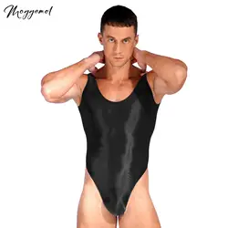 Mens Glossy Silky Sheer Bodysuit High Cut Thongs Leotard One-piece Sleeveless Swimsuit for Yoga Sports Fitness Swimming Party