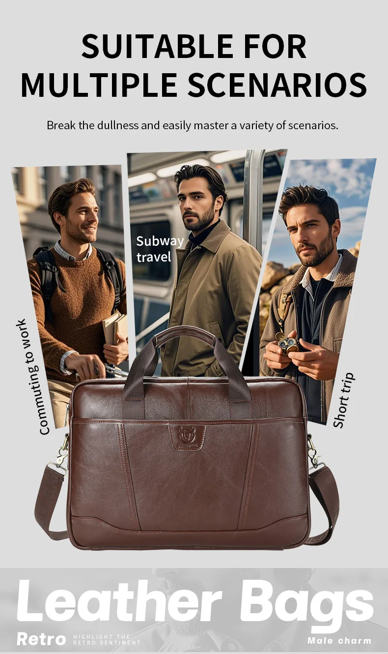 BULLCAPTAIN Men's Briefcase Bag Top Layer Leather Handcrafted Laptop Bag with Multiple Compartments Business Shoulder Messenger