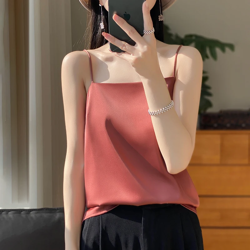 Women\'s Sexy Top Halter Low Cut Underwear Basic Sleeveless Satin Silk Vest Sexy Comfortable Silky Lingerie Halter Top-D19