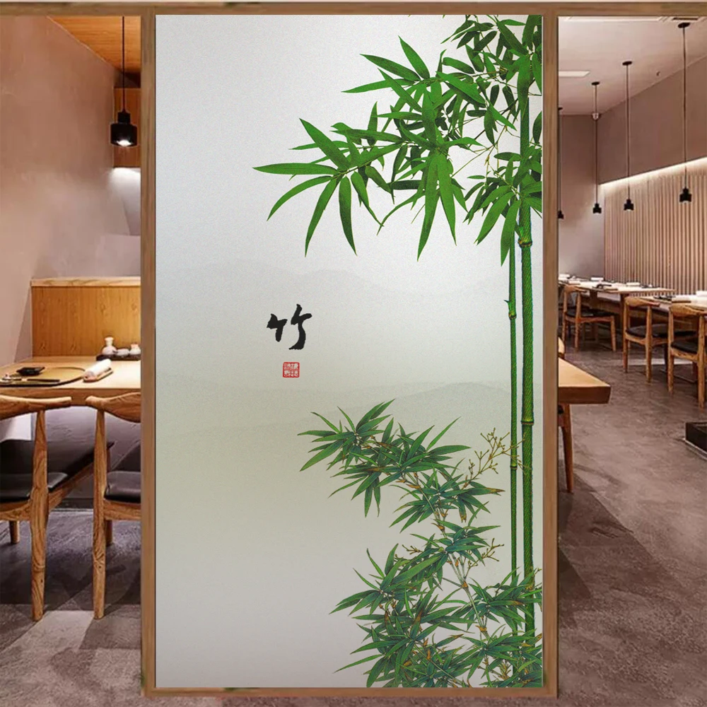 Privacy Window Film UV Blocking Heat Control Window Coverings Static Cling Green Bamboo Pattern Glass Sticker for Decoration