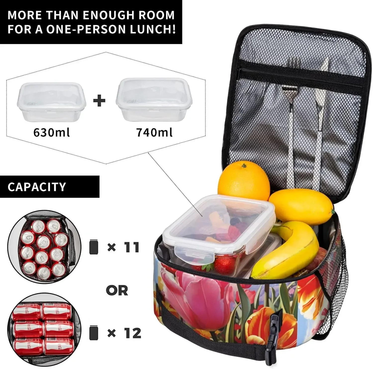 Tulip Garden Lunch Bag For Women Men Insulated Reusable Lunch Box Cooler Totes with Side Pocket For Work Office Picnic Camping