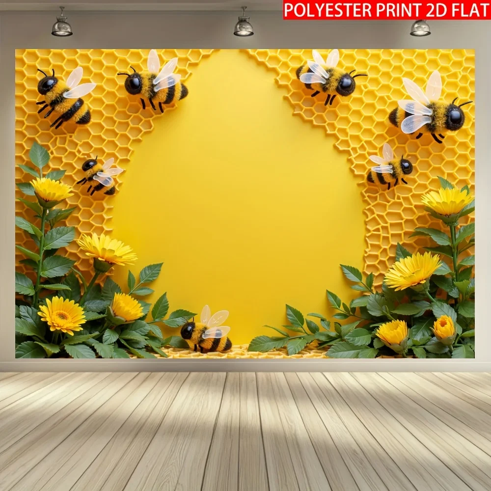 Happy Bee Day Party-Banner, Waben-Hintergrundstoff aus Polyester mit Bienenmotiv