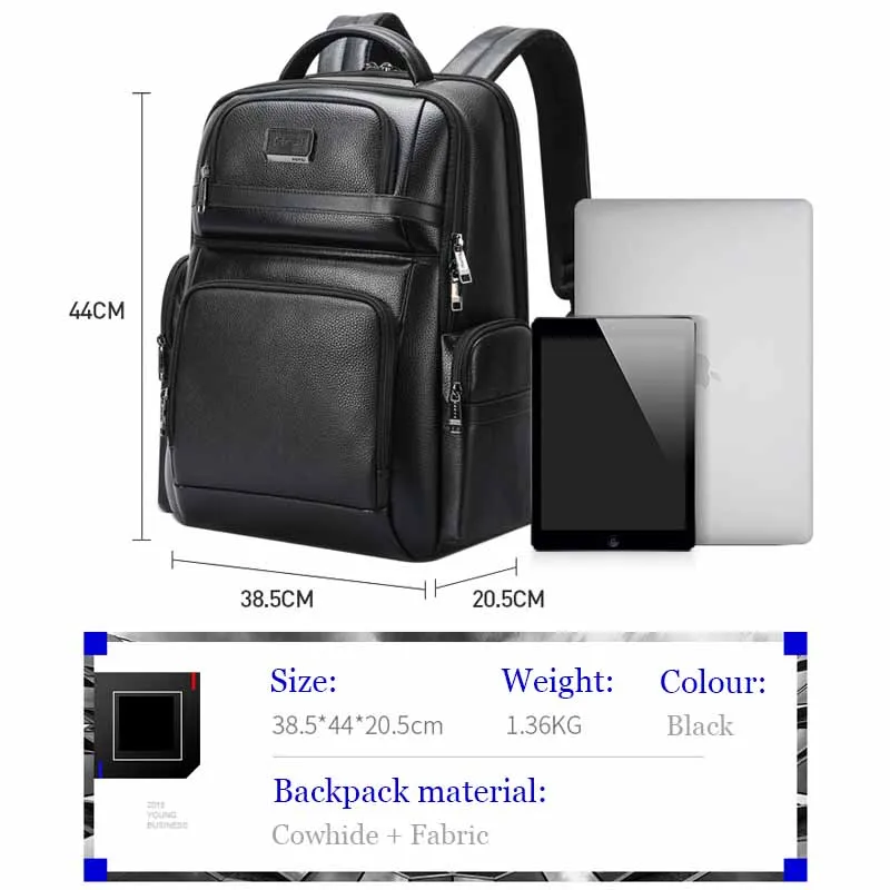 BOPAI Men\'s Leather Backpack Business 16 inch Laptop Bags  Multi- functional Large Capacity Shoulder Bag USB Charging Backpack