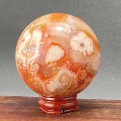 Natural Gem Red Cherry Blossom Agate Ball Carnelian Healing Crystal Energy Ball Home Decoration + Base