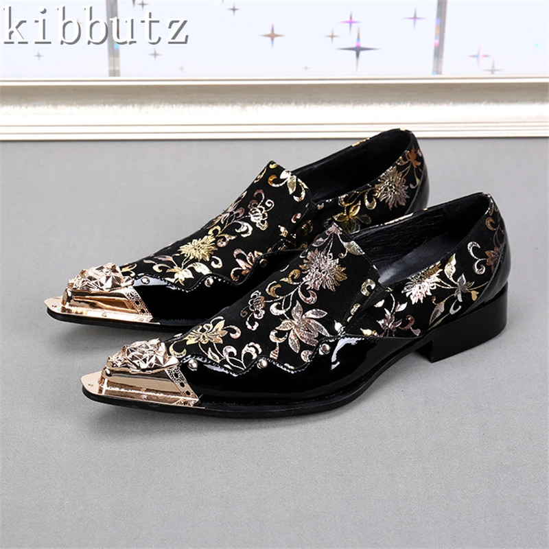 Black Color with Golden Flowers Men Leather Shoes Metal Pointed Toe Luxury Banquet and Party Handmade Oxfords Male Dress Shoe