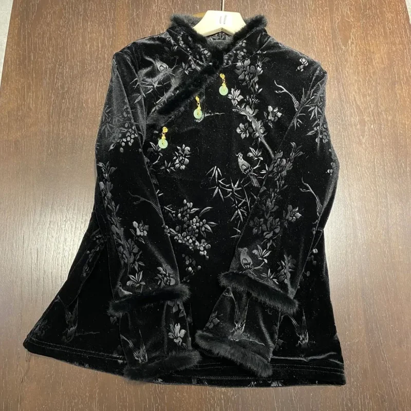 New Chinese Style Autumn and Winter Style Double Loop Woolen Sleeves Circular Jade Pendant Orchid Solid Color Velvet Top