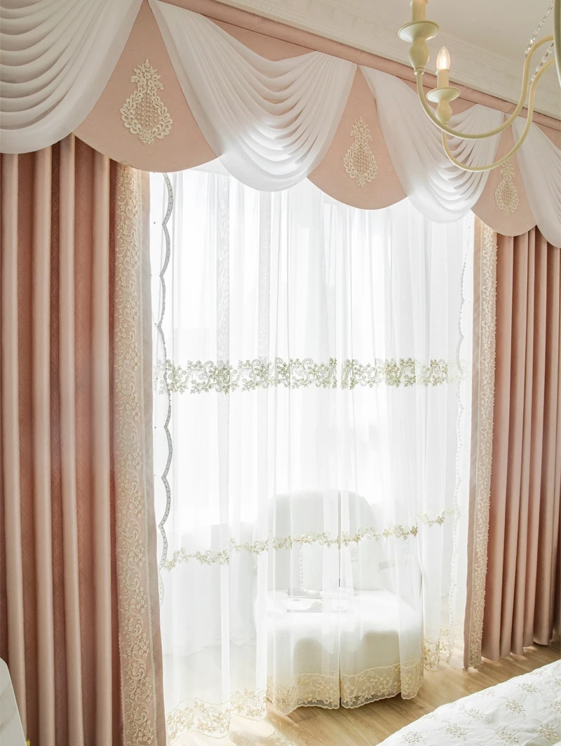 

high-grade French European pink solid high precision bedroom marriage room cloth blackout curtain tulle valance drape C1236