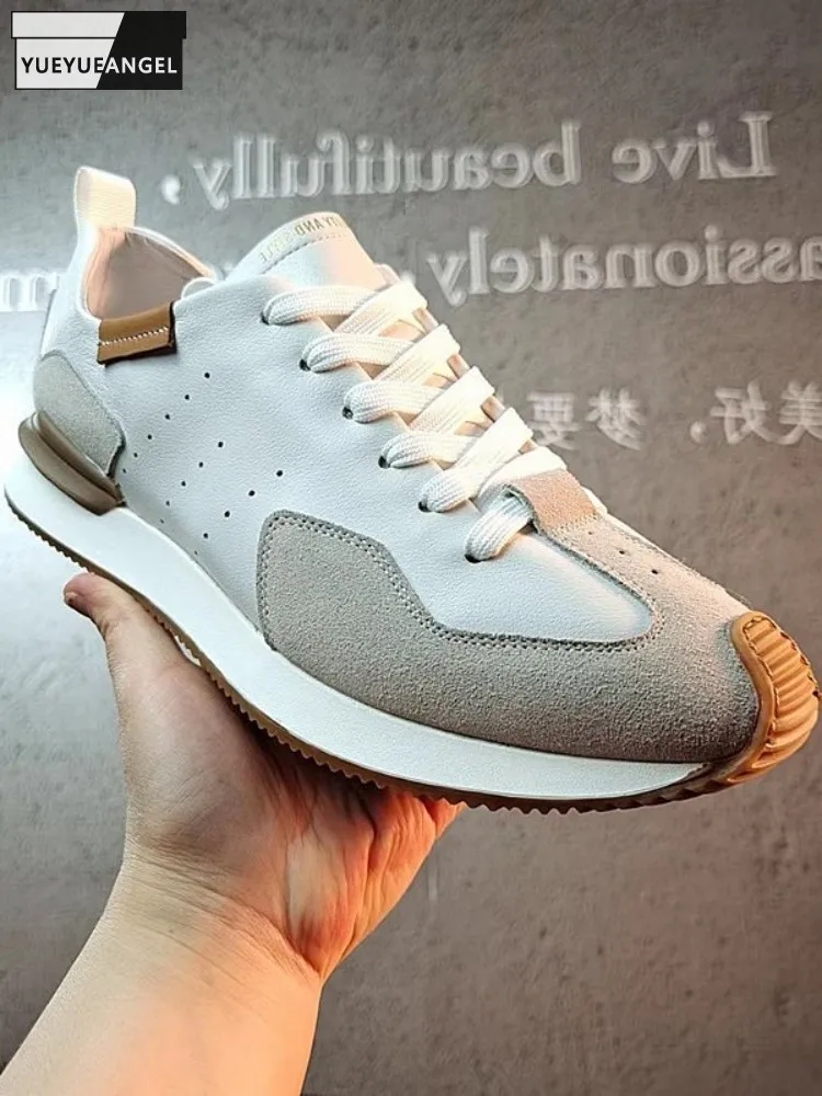 Spring Summer Splicing Design Breathable Mens Genuine Leather Sneakers Lace Up Thick Bottom Casual Walking Active Shoes Male