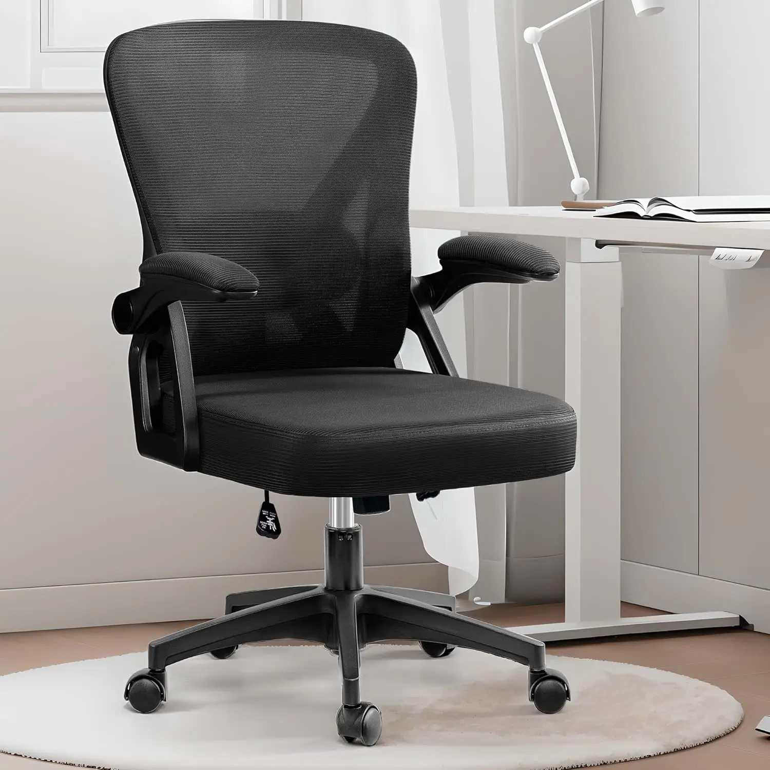 Ergonomic Home Computer Desk Chairs, Comfy Breathable Mesh Chair with Adjustable Lumbar Support Flip-up Armrests