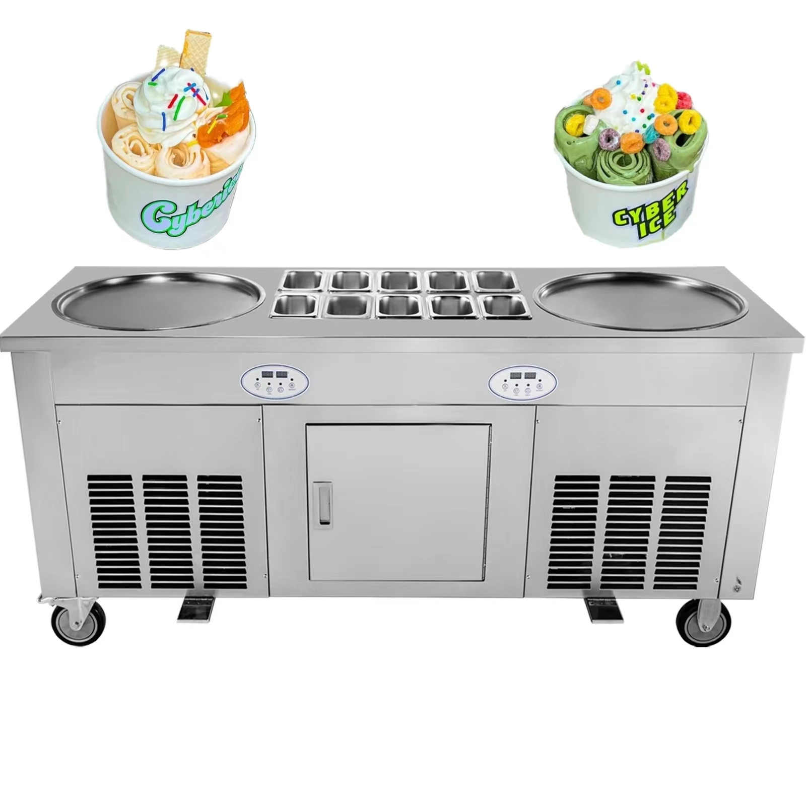 Roll Ice Cream Machine 2800 Watts Double Plate Ice Cream Roll Machine with Cabinet Fried Ice Cream Roll Machine