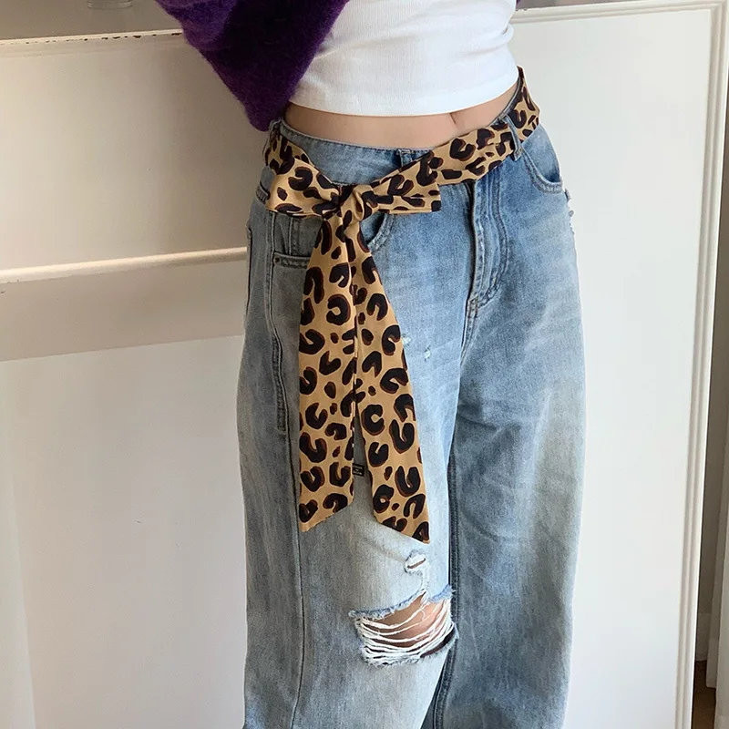 Leopard Print Scarf for Women Thin Long Ribbon Neck Warmer Belt Hair Tie Spring Fall Fashion Accessory