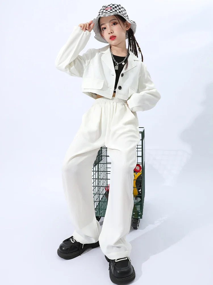 Cappotto bianco pantaloni Kpop Suit Kids Hip Hop abbigliamento Stage Concert Jazz Dance Costumes For Girls Hip Hop Performance Clothes