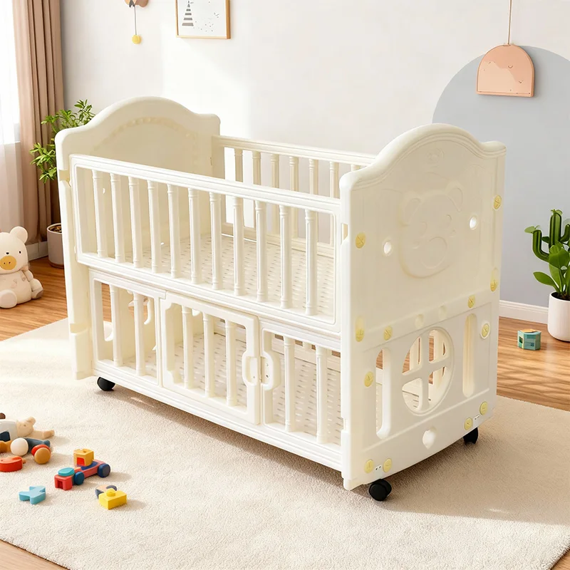 Convertible White pink Crib Portable Multifunctional Plastic Newborn Mobile Baby Bed with Storage Drawers