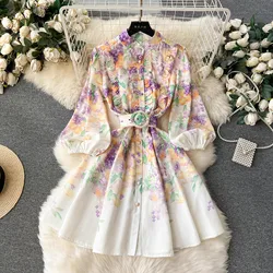 Summer Holiday Linen Dress Women Clothing Stand Ruffles Long Lantern Sleeve Flower Print Single Breasted Belt Mini Vestidos 6267