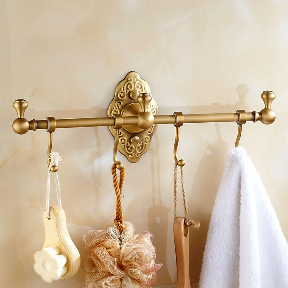 Wall-mounted Towel Rack, Towel Rack with Hooks, Retro Gold Towel Rack for Bathroom, Balconies, Toilets