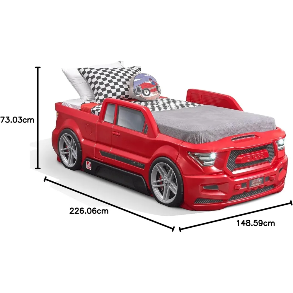 터보차저 트윈 사이즈 트럭 자동차 침대, 남아 및 여아용 자동차 침대, 작업 헤드라이트 및 내장 스토리지, 내구성 있는 플레이어로 제작
