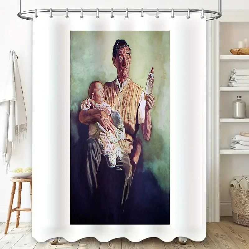 Vintage Man Holding Baby Shower Curtain Farmhouse Rustic Bathroom Decor Wall Tapestry Artistic Home Decor Country Chic Wall Hang