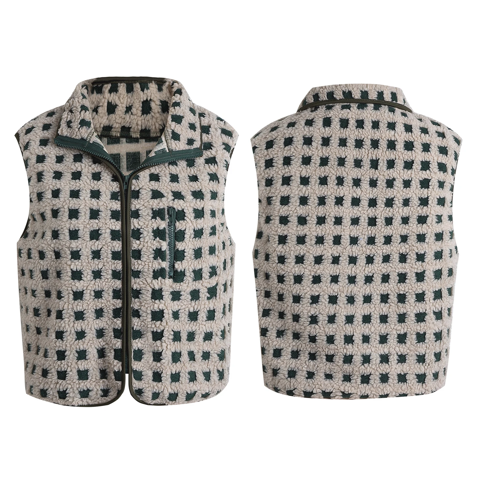

Women Autumn Winter y2k Aesthetic Fuzzy Checkered Vest Sleeveless Stand Collar Zip Up Warm Casual Vest Jacket Tops Outwear
