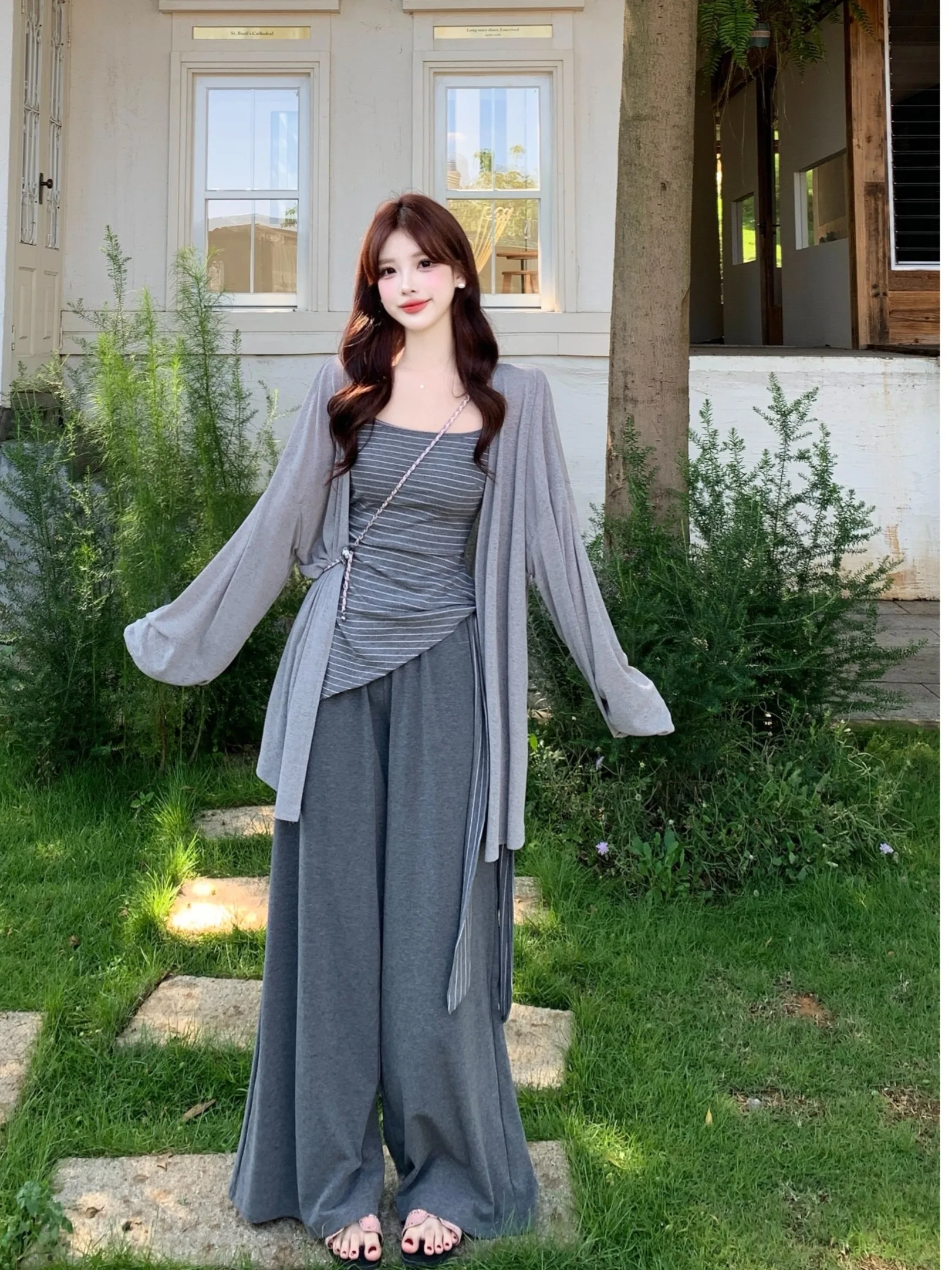 

plus Size Casual High Waist Wide Leg Pants Set Women's Summer New Loose Stripe Pattern Bridesmaid Outfit Korean Style