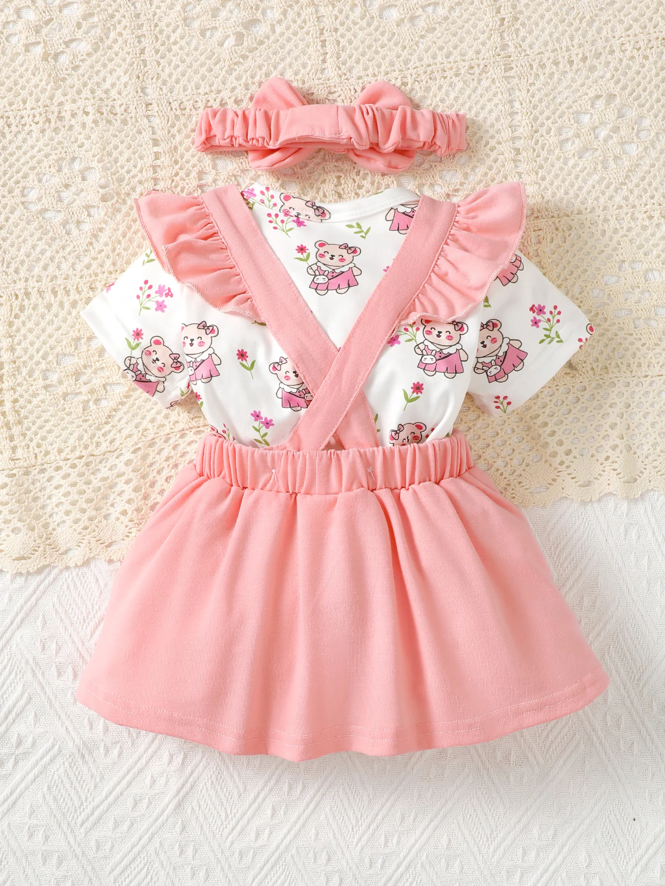 Baby Girl Round Neck Short-Sleeved Bear Print Triangle Dress + Ruffled Pink Strap Skirt + Bow Headband Foreign Three-Piece Set