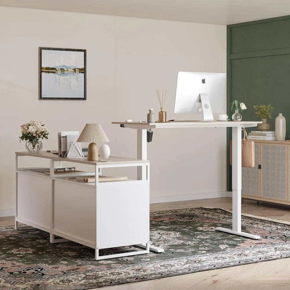 Mesa elétrica em forma de L com armazenamento, altura ajustável da mesa executiva, nogueira clara