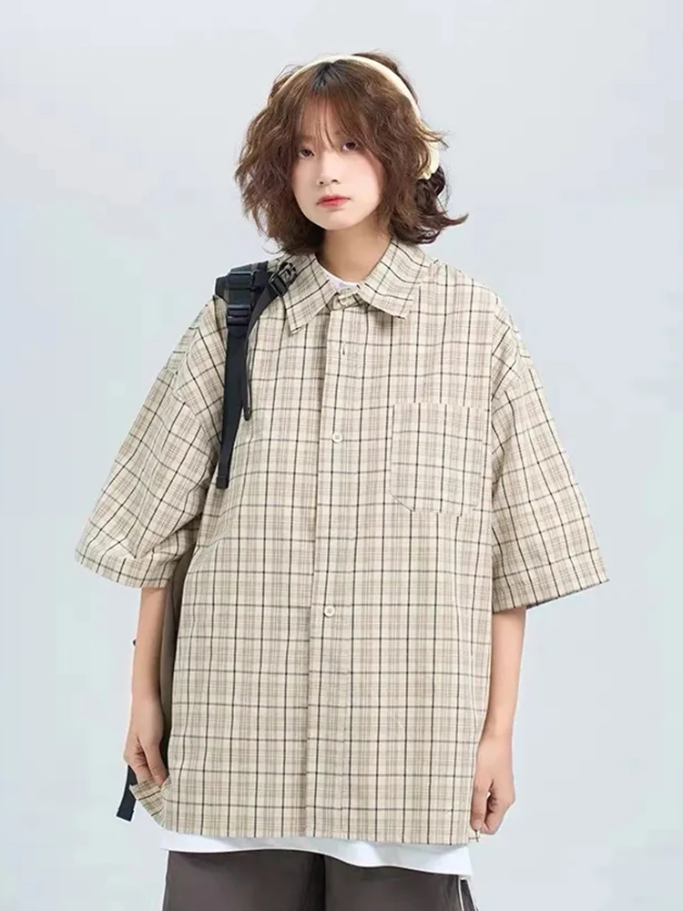 

Harajuku Japan Plaid Shirts Women Loose Vintage Short Sleeve Streetwear Blouse Summer Oversize Bf Pocket Casual Female Tops New