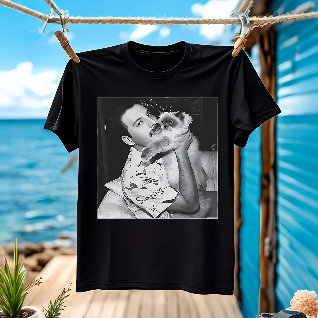 

Freddie for MERCURY, His Cat Photo, мужская футболка в подарок фанату, 100% хлопок, повседневная, дышащая, удобная, в наличии для занятий спортом