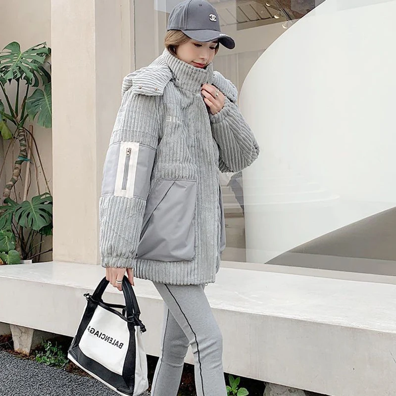 

New Women's ort White Du down Jaet Korean Sle Student Simple Faion 2025 ular Corduroy Outerwear Coat with Hood