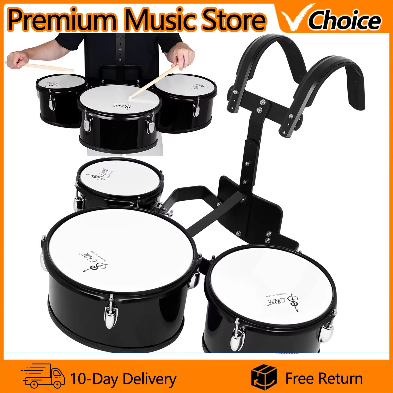 SLADE Marching Drum Triptych Drums Set Band Polyphonic Drum Back-rack Triple Drum Black Professional Percussion Instruments