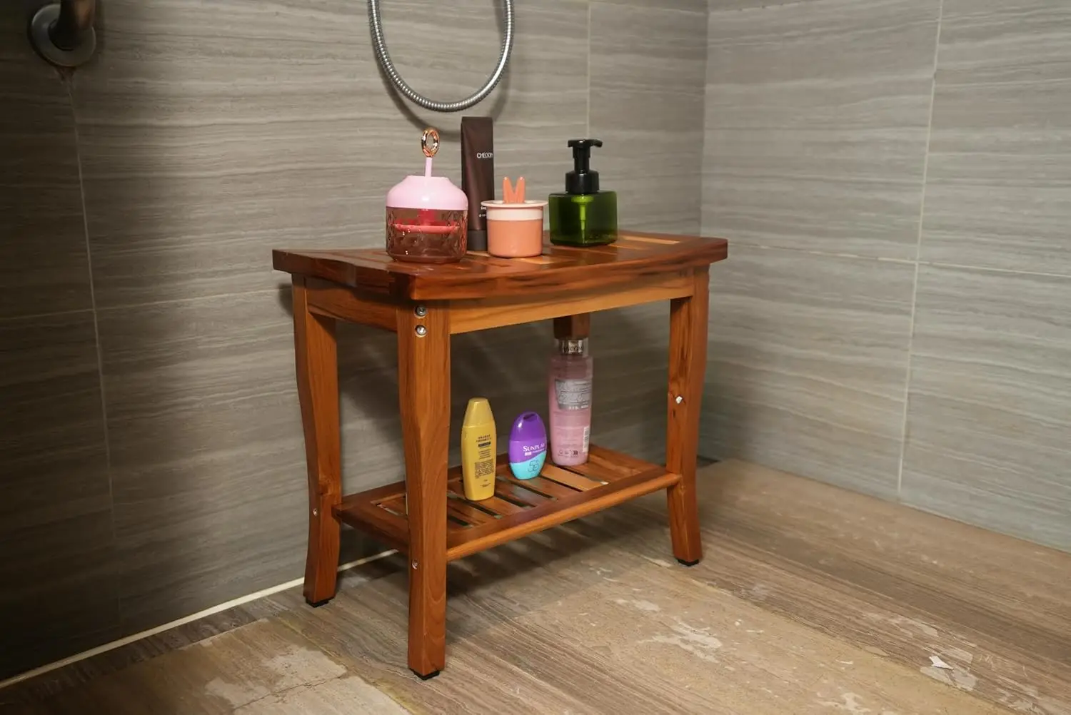 Teak Shower Bench, Spa Bath Shower Stool With Storage Shelf, Wooden Seat Stool For Bathroom