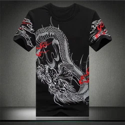 Embroidery Dragon Pattern T Shirt For Men Short Sleeve Slim Fit Summer Top Quality Cotton Casual Luxury Tees Camisetas De Hombre