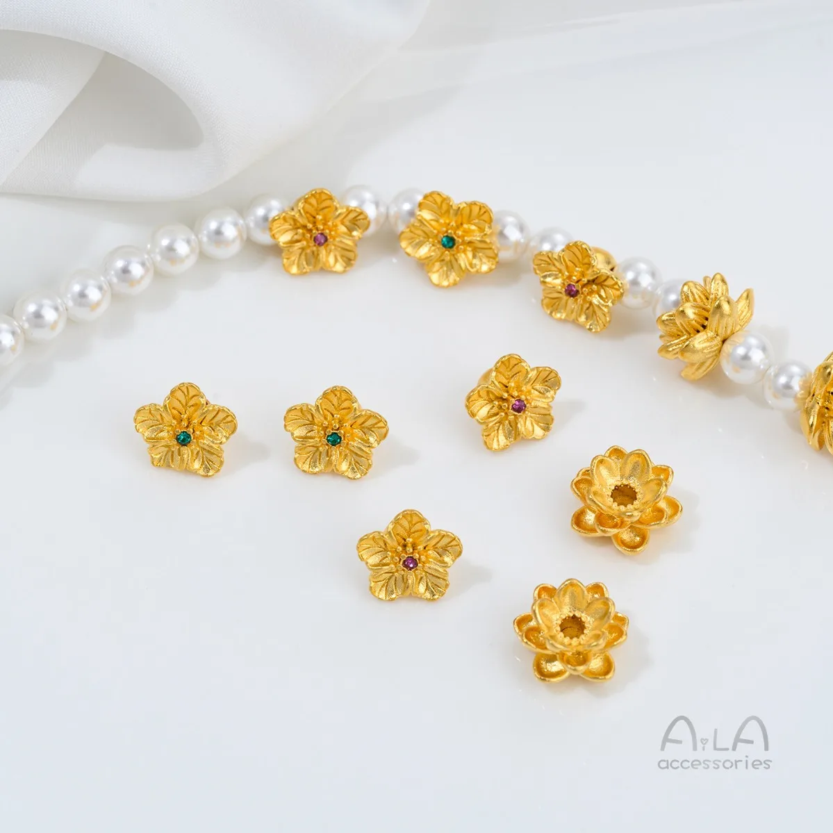Copper Gold Plated Micro Pave Zircon Peach Blossom Large Hole Lotus Spacer Beads DIY Crystal Bracelet Necklace Jewelry Findings