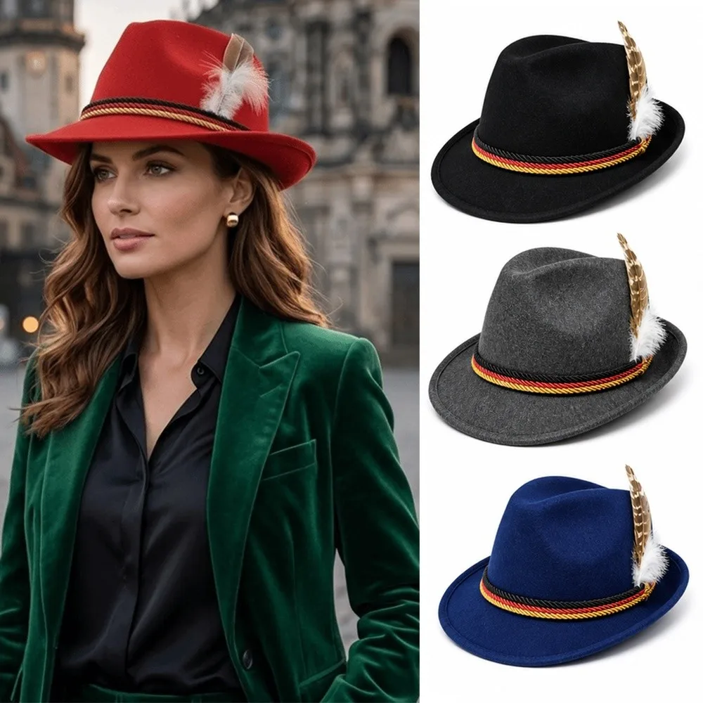 New Classic Bavarian Feather Hat Decorative Side Cord Structured Brim Fedora Hat Dress Up Western Costume Cap Men Women