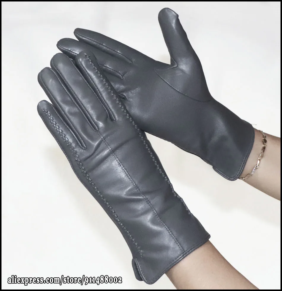 Leather gloves women's sheepskin flannel lining winter warmth high-grade black touch screen color leather gloves driving new