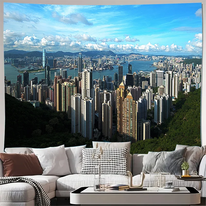 Hong Kong Cityscape Panoramic Skyline View Wall Tapestry Machine Washable All Season Decor Print Home Elevate Your Space