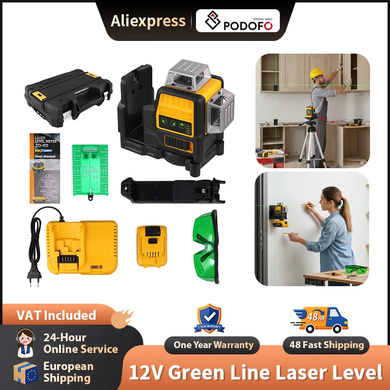 Livella Laser Verde Podofo 12V, IP65 Impermeabile e Antipolvere, Alta Precisione, con Batteria e Caricabatterie