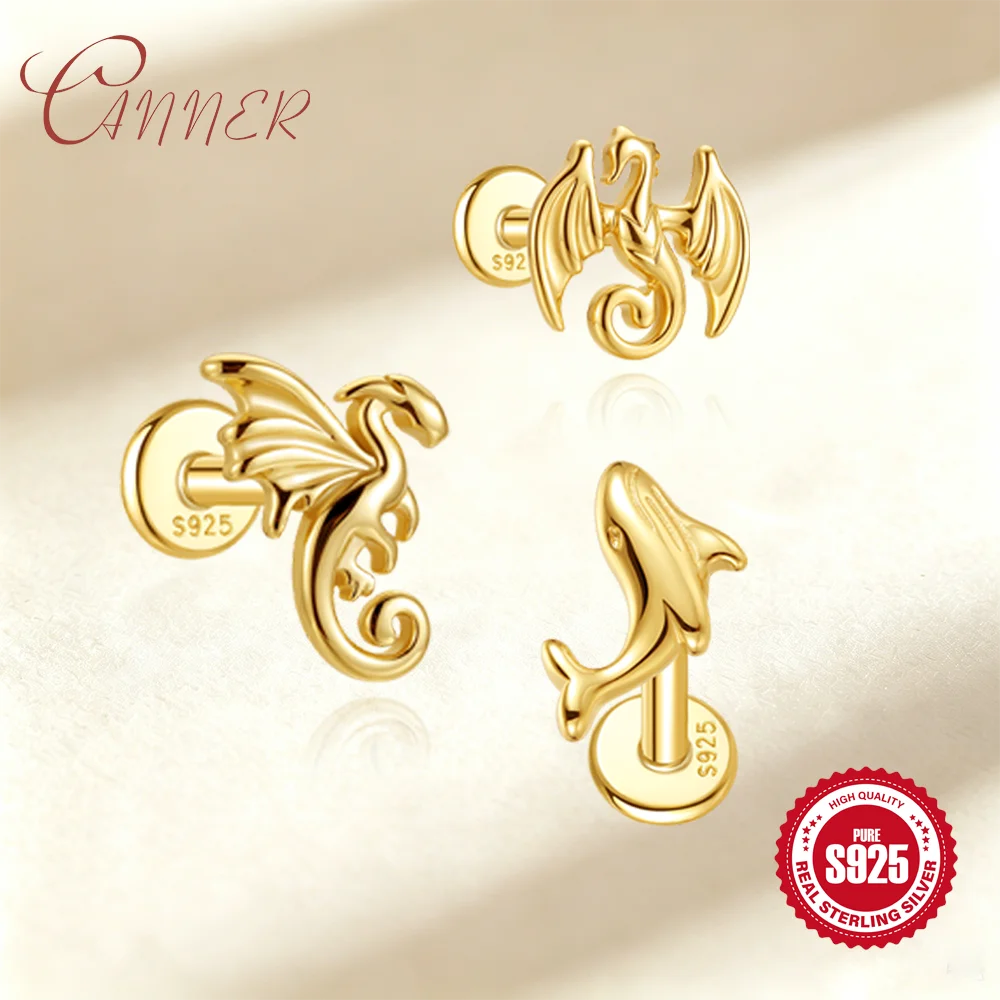 CANNER 925 Sterling Silver Flat Back Internal Thread Flying Dragon Whale Body Lip Earrings Piercing Bone Stud  Fine Jewelry Gift