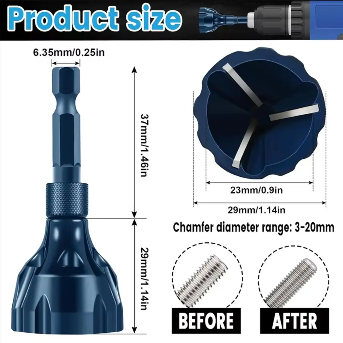 2Pcs Tungsten Carbide Hex Shank Chamfer Tool (3-20mm) – External Deburring & Bolt Thread Repair for Metal