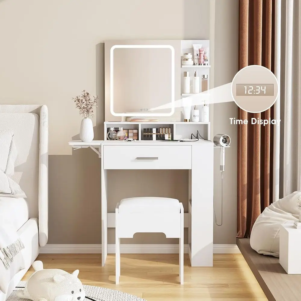 Compact Makeup Vanity Desk with Mirror, Lights, and Storage, Including Chair for Bedroom