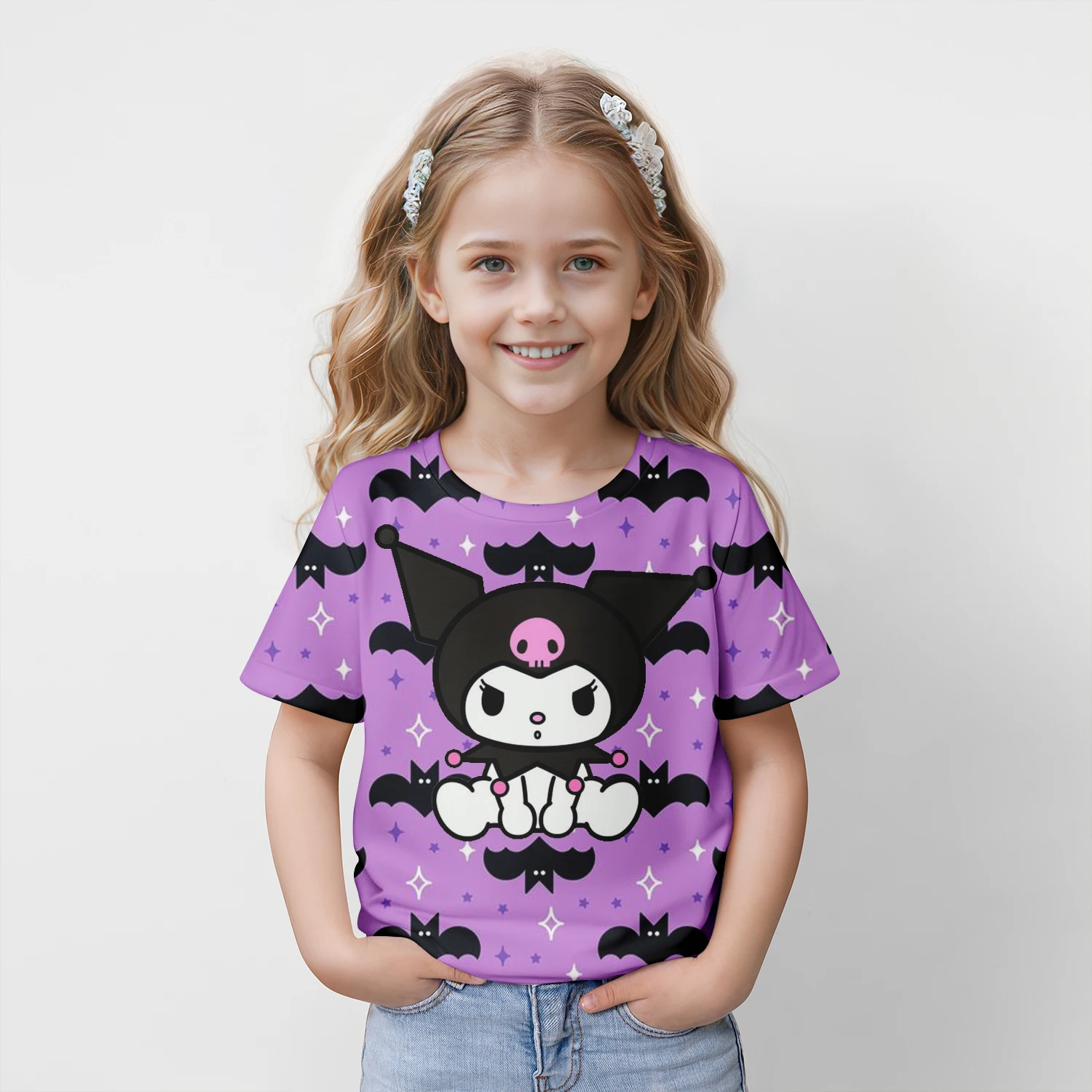 MINISO New Summer Children\'s T-shirt Kuromi 3D Printed Girl\'s Fashion Cartoon Top Cute Party Boys Trendy Short Sleeve Loose fit