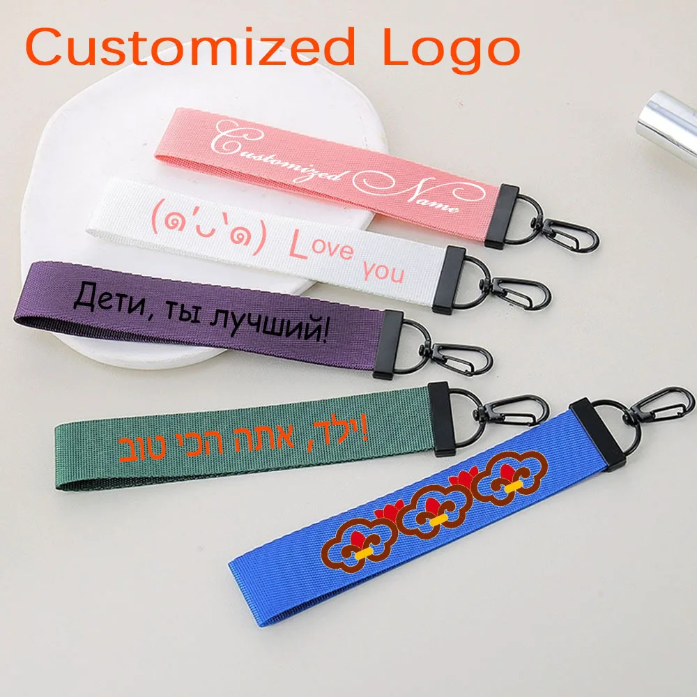 Wholesale 30pcs Personalized Keychain Custom Logo Name Keyring Simple Canvas Strip Waist Hanging Key Ring Chain Accessories Gift