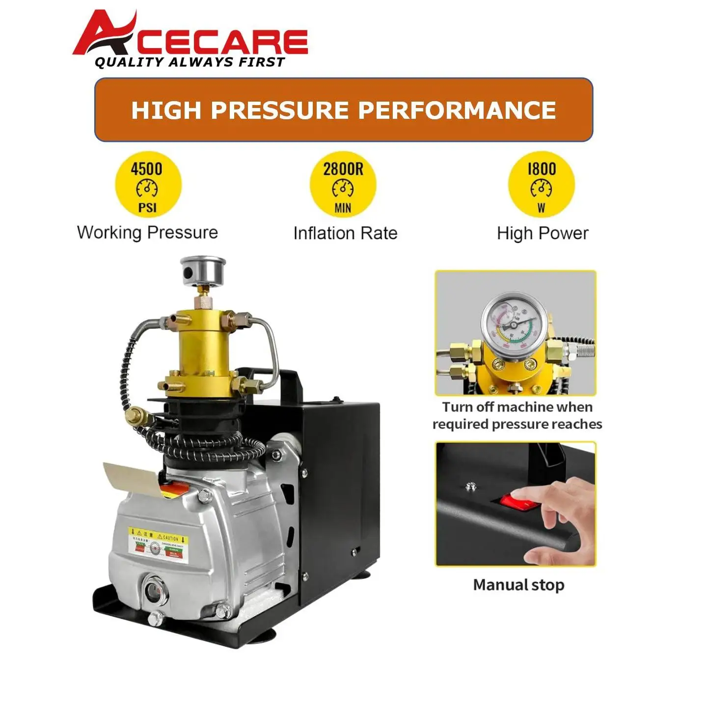 ACECARE-Compresseur d'air haute pression électrique, pour plongée sous-marine, remplissage précieux, 220V/110V, 4500Psi, 300Bar, PCP, crucES031