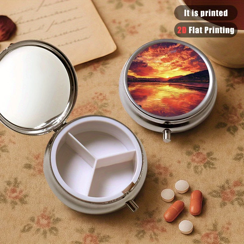 1Pc River 45 Pattern Round Sealed Box, Comprehensive Metal Box, 3-Layer Storage Sealed Box, Small Portable Sealed Box for Outdoor Activities or Bags, Sealed Box for Vitamins with Multiple Layers, Gift Collection Box, Printed Design May Vary