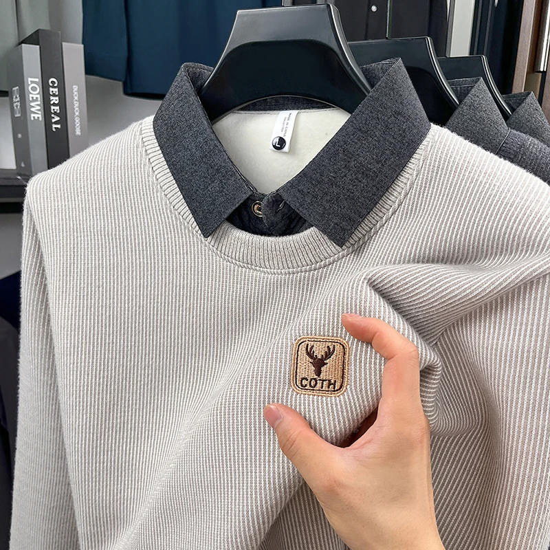 

Высококачественный брендовый мужской вязаный свитер высокого качества из двух частей с лацканами и принтом оленя, толстый свитер с длинными рукавами, осенне-зимняя модная мужская одежда