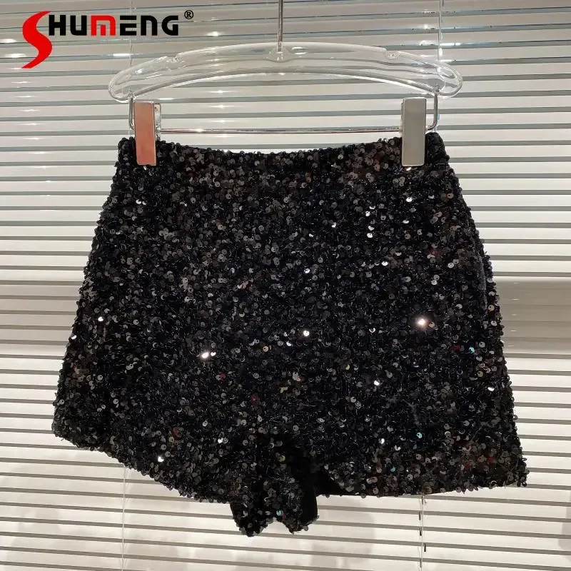 Full Body Sequins Shorts Women 2023 Spring New Shiny Zipper Nightclub Shorts Femme Slim Fit Sliver Black Party Wide Leg Shorts