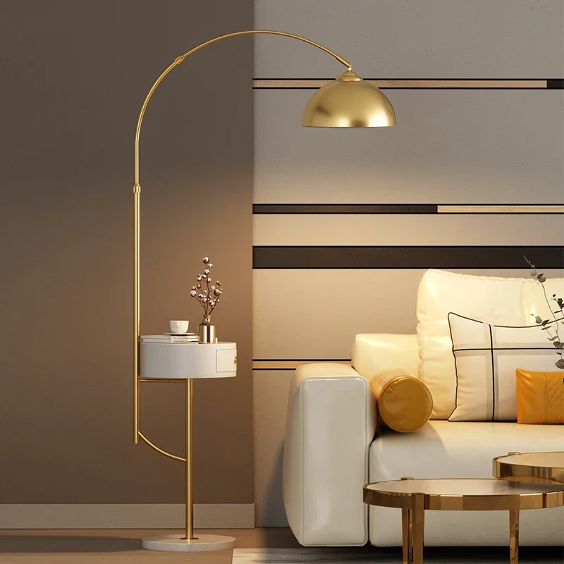 2023 New Modern Modern LED Wireless USB Charger Gold Black Metal Floor Lamp with Drawer Living Room Beside Floor Lamp