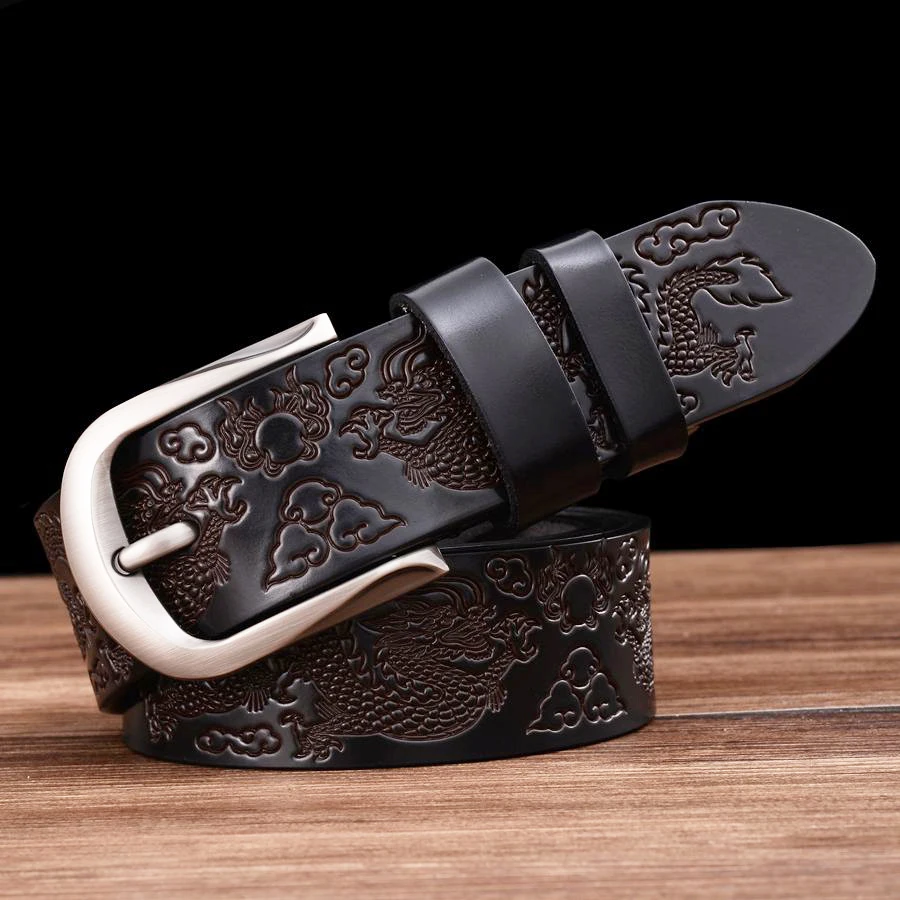 

Ремень из натуральной кожи, мужской пояс, модные ремни из коровьей кожи для мужчин, ремень с пряжкой в виде дракона, черный \ кофейный цвет, ширина: 3,8 см