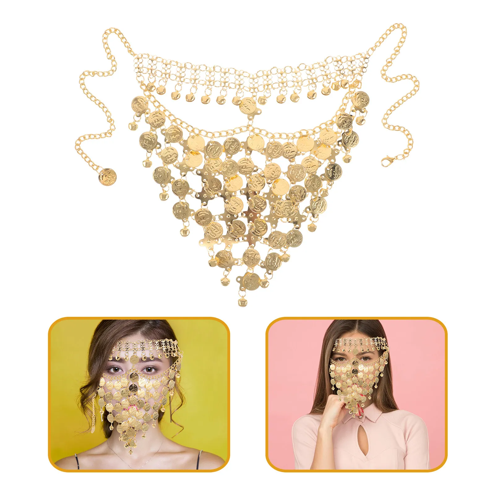 Belly Dancer Tribal Face Veil Multi-Layered Coin Tassel Mask Lightweight Breathable Arabian Nights Costume Party Accessory