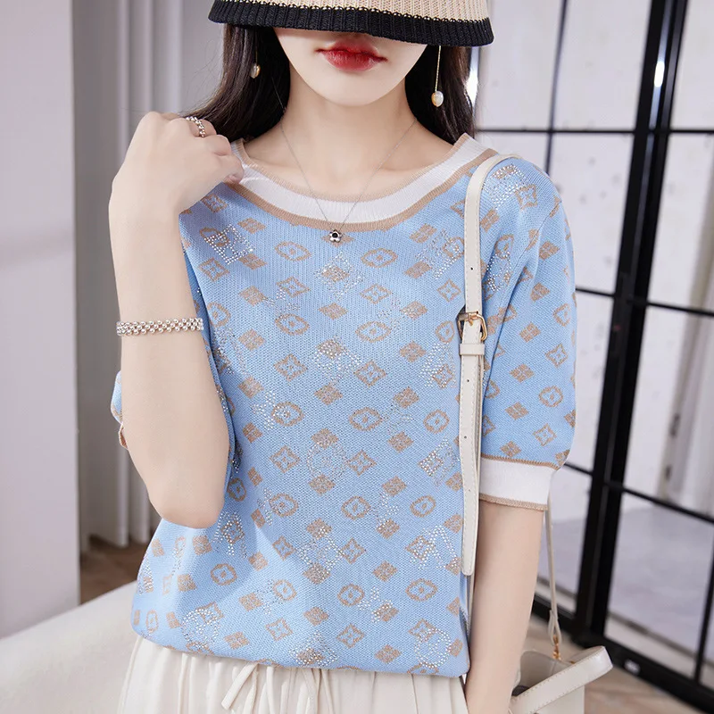 

New 2024 Summer Women Short Sleeve Fashion Knit Glitter Stones Tshirt Femme Vintage Luxury Designer Slim Leisure T-Shirt Tops